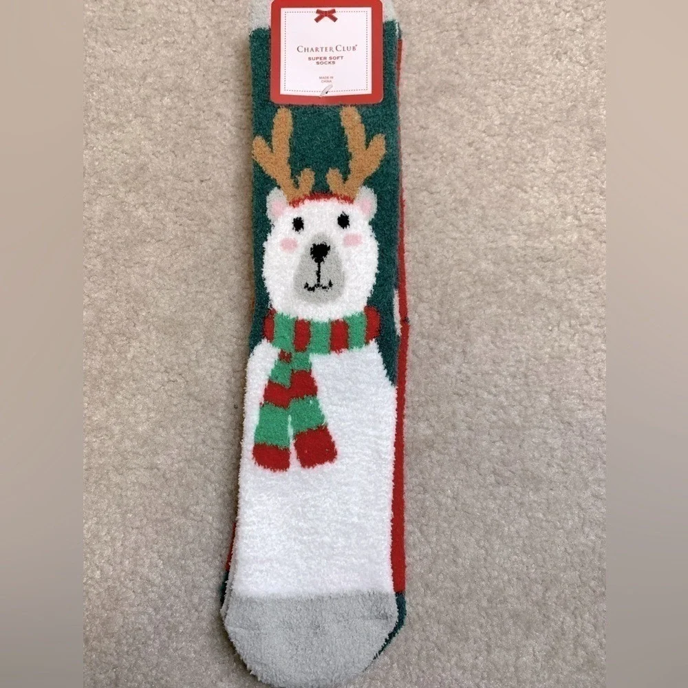 NWT 2pair Charter Club Christmas Polar Bear Theme‎ Socks Women Shoe Size 6-10